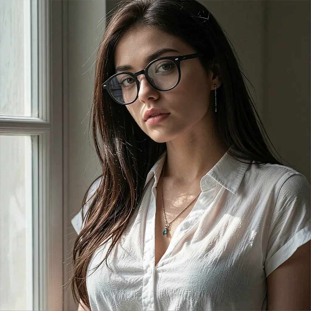 Brown-haired woman with black-frame glasses in a white button-down shirt standing by a window in natural daylight