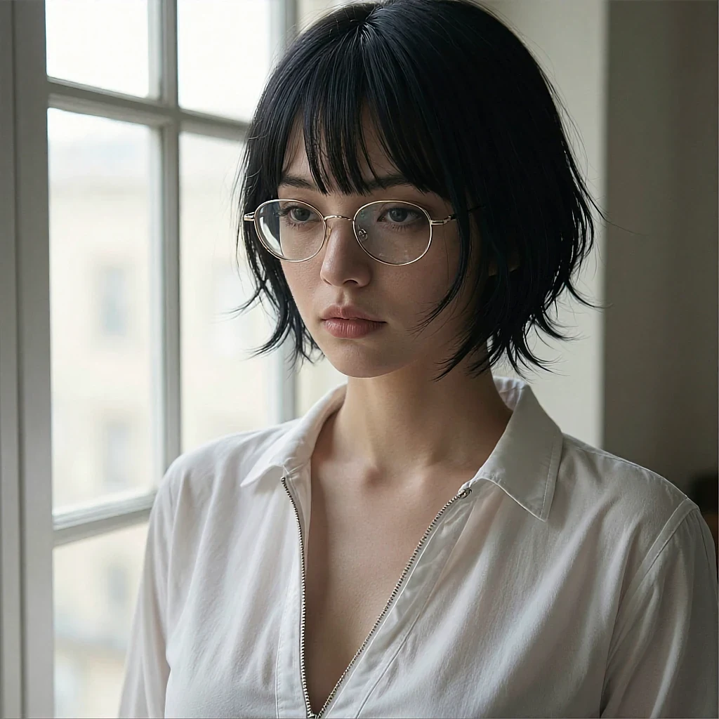 Woman with short black bob and gold-frame glasses in a white zip-collar shirt by a window