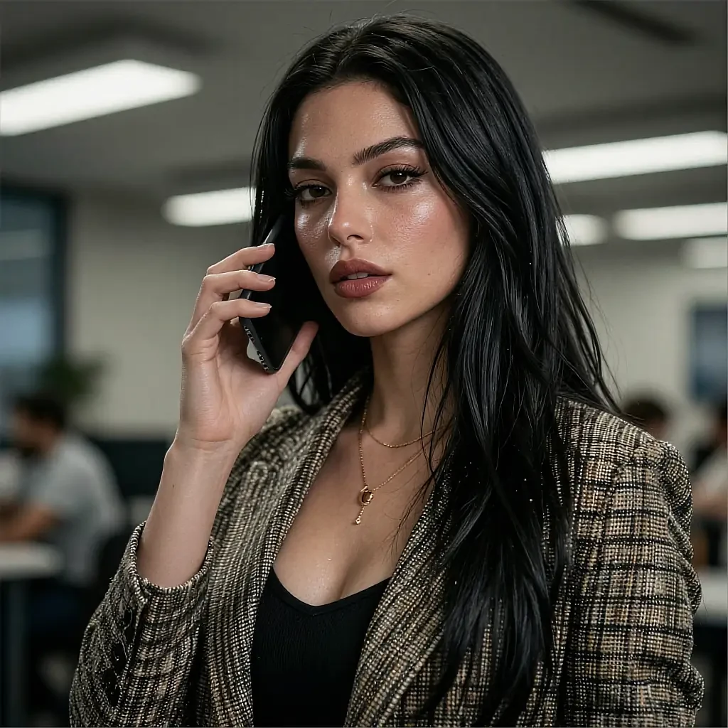 Black-haired woman on the phone in a tweed blazer over a black top in an office with fluorescent lighting