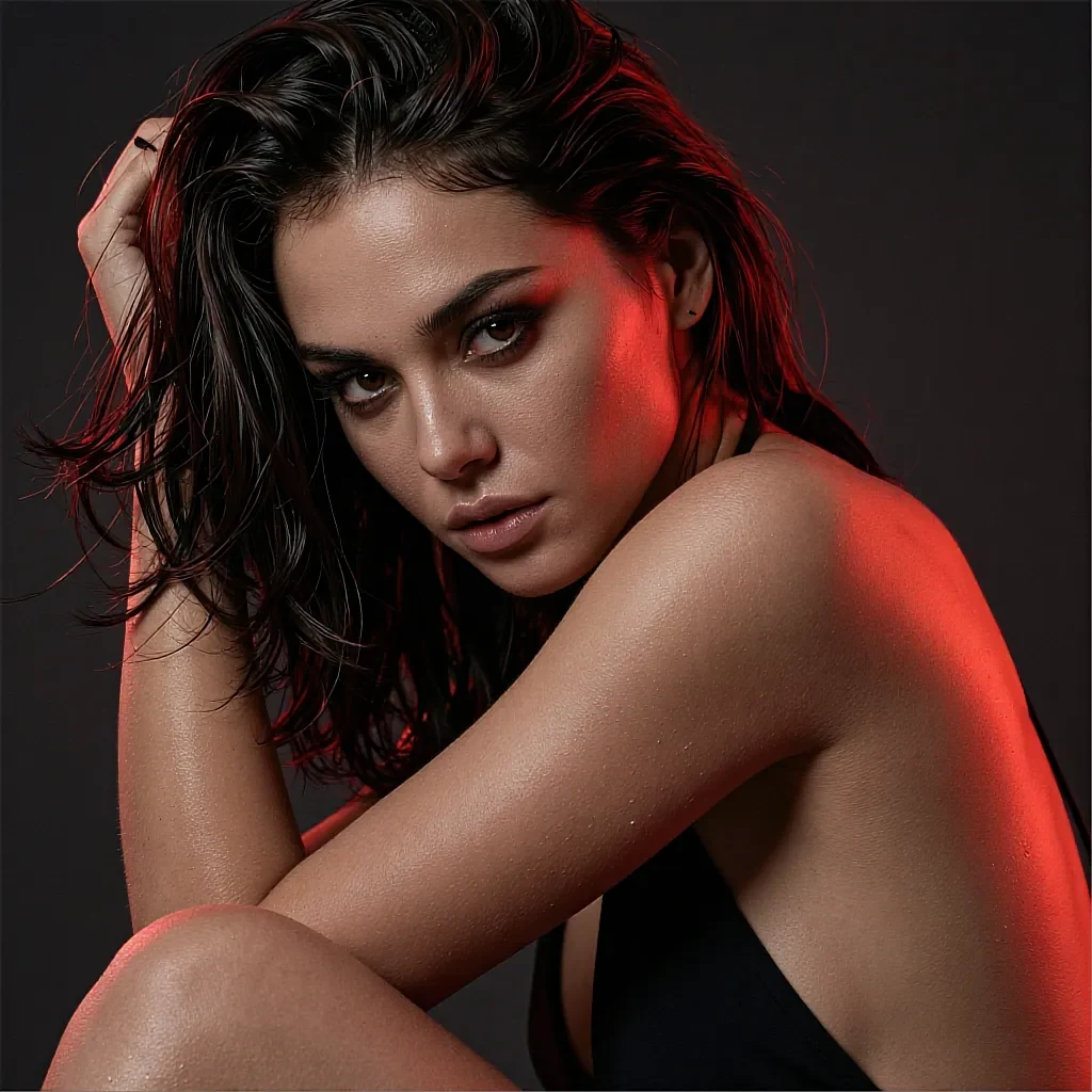 Short dark-haired woman with wet hair and red sidelight in a black top against a dark studio backdrop