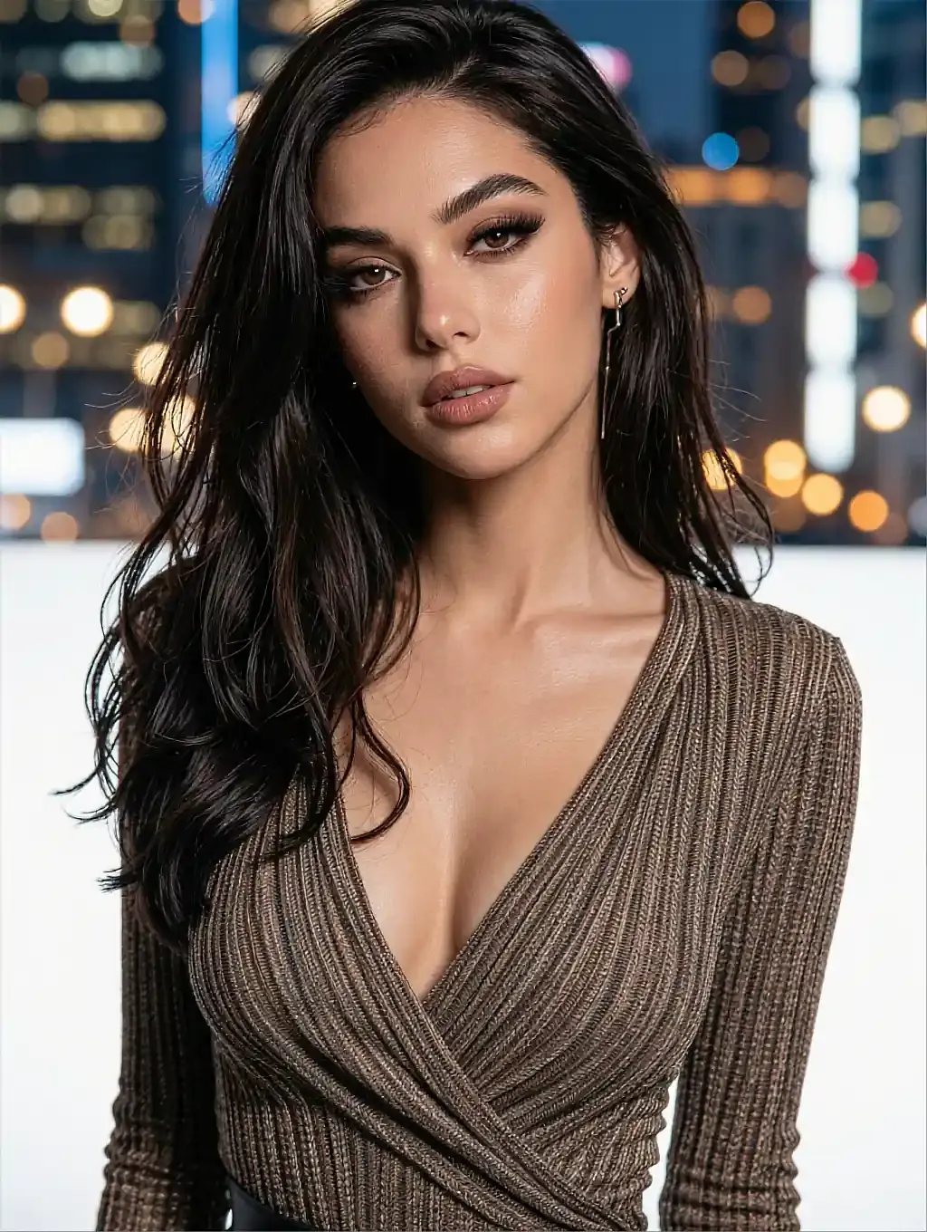 Dark-haired woman in a brown ribbed wrap top on a rooftop at evening with city bokeh behind her