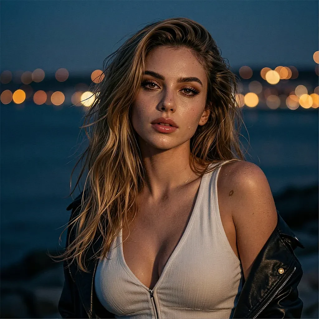 Honey-brown-haired woman in a white zip top and leather jacket at a coastal twilight with city bokeh lights