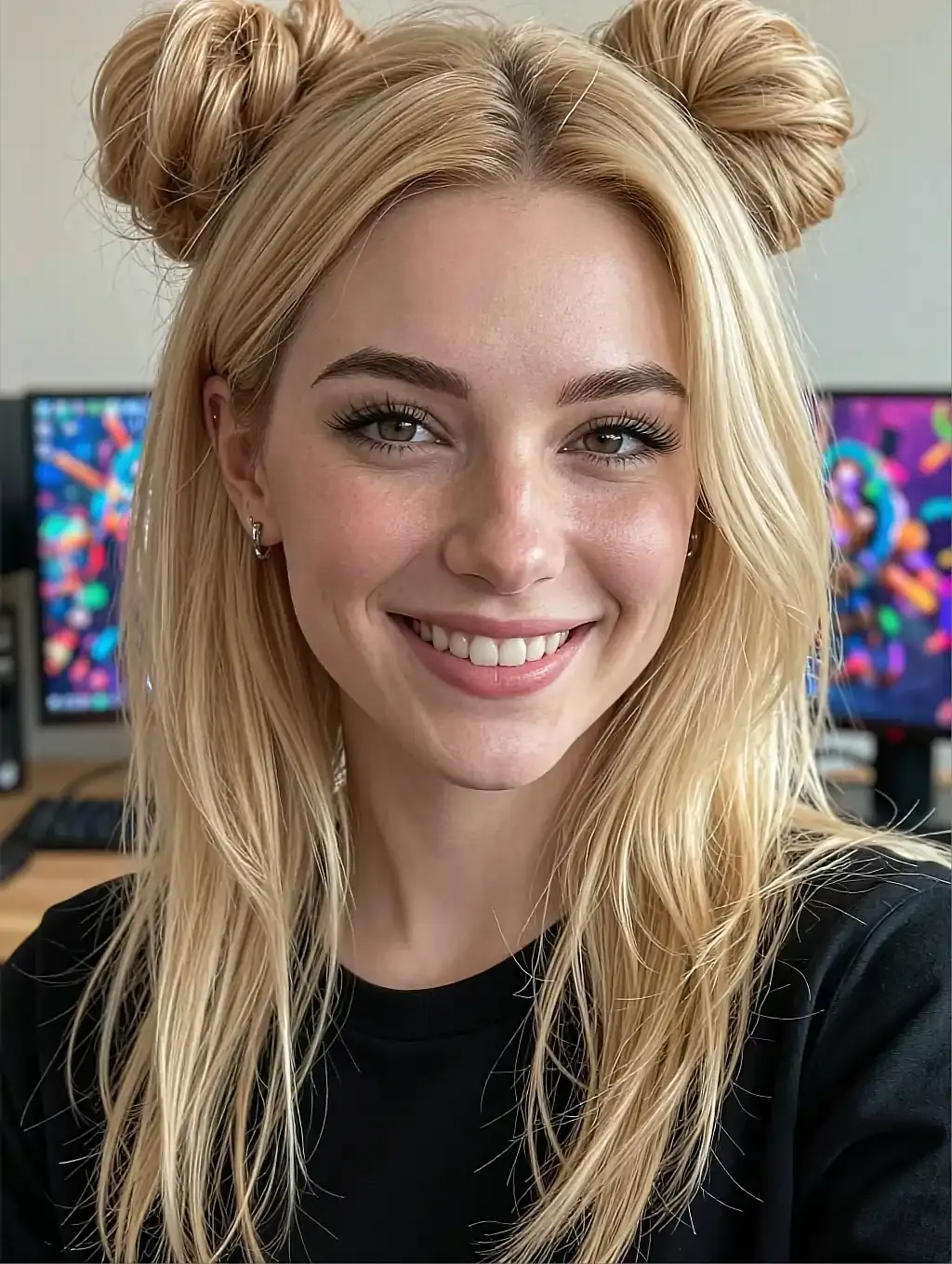 Smiling blonde woman with space buns in a black tee at a desk with colorful monitors behind her